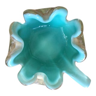 1960s Ruffled Murano Turquoise Blue Dish Bowl For Sale