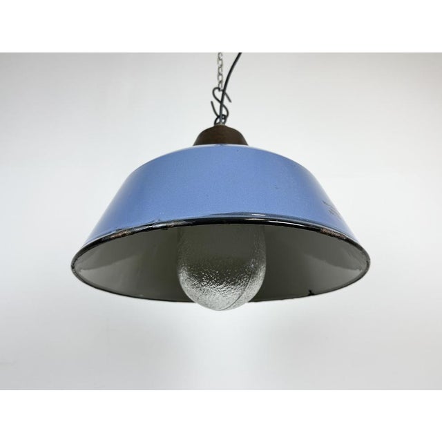 Industrial Blue Enamel and Cast Iron Pendant Light with Glass Cover, 1960s For Sale - Image 10 of 18