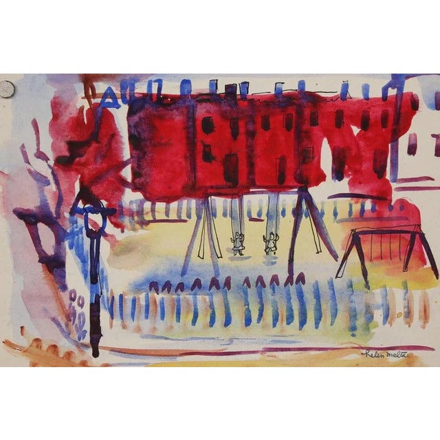 Mid-Century Modern Vintage Original Mid 20th Century Modernist Watercolor/Paper-Cityscape-Helen Malta-Signed For Sale - Image 3 of 8