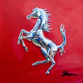 Ferrari Prancing Horse 2 by Shan Fannin | Acrylic on cotton canvas Silver horse rearing on a red background. For Sale