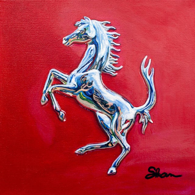 Ferrari Prancing Horse 2 by Shan Fannin | Acrylic on cotton canvas Silver horse rearing on a red background. For Sale