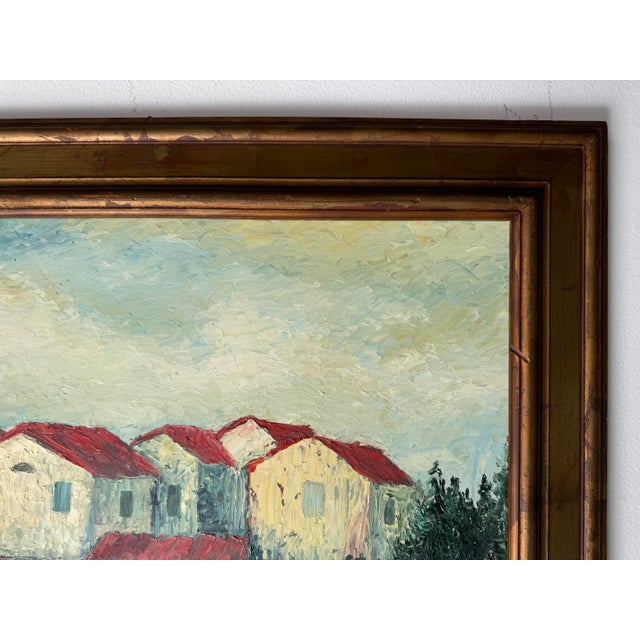 Red 70's Vintage Mediterranean - Village Impressionist Oil Painting, Framed For Sale - Image 8 of 11