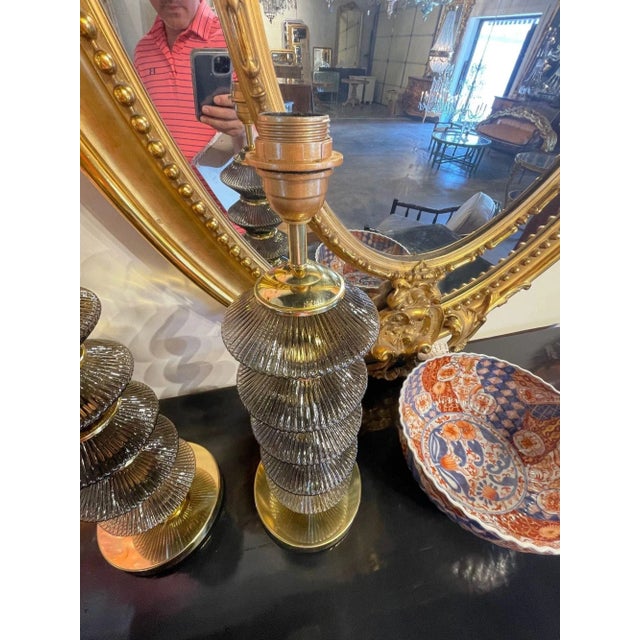 Pair of Modern Smoke Colored Murano Glass and Brass Lamps For Sale In Dallas - Image 6 of 8