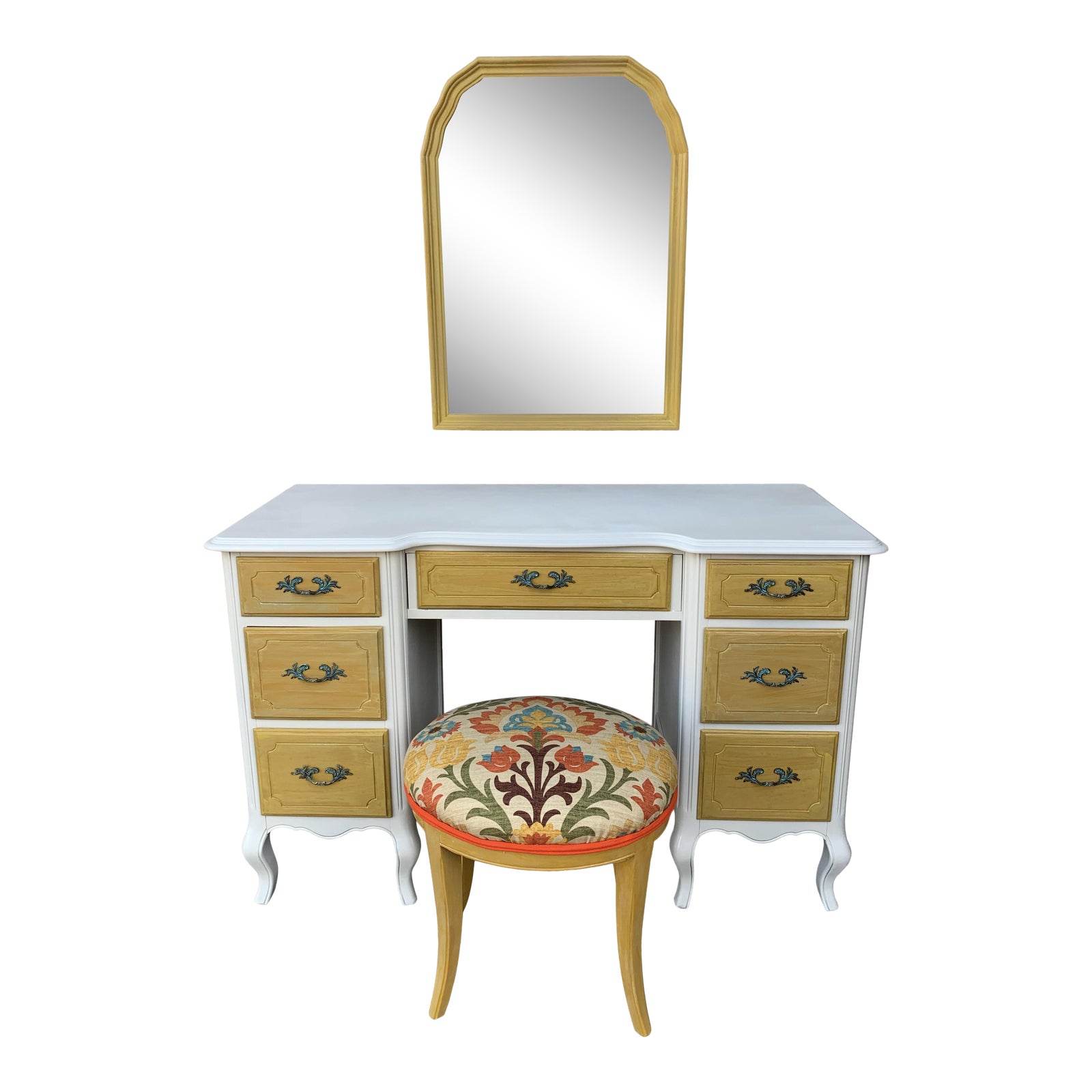 1930's French Country Vanity With Matching Mirror and Stool 3 Pieces