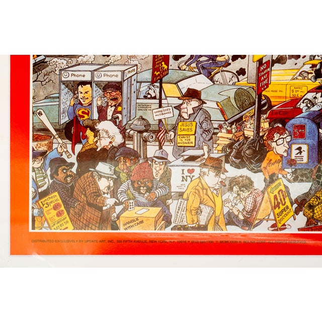 Original 1982 illustrated poster by Michel Kichka depicting a chaotic street scene in Times Square. The poster captures...