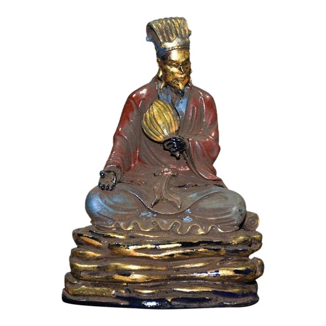 Vintage Chinese Painted Gilt Liuli Zhuge Liang Seated Scholar Statue, Chinoiserie Decor Sculpture For Sale