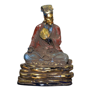 Vintage Chinese Painted Gilt Liuli Zhuge Liang Seated Scholar Statue, Chinoiserie Decor Sculpture