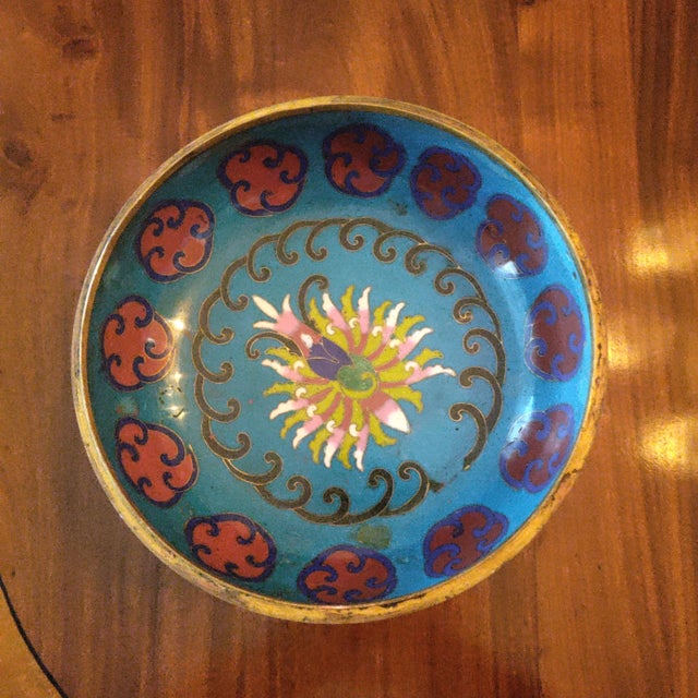 Large Chinese early Republic period cloisonne enamel round form covered box decorated with a central shou (long life)...