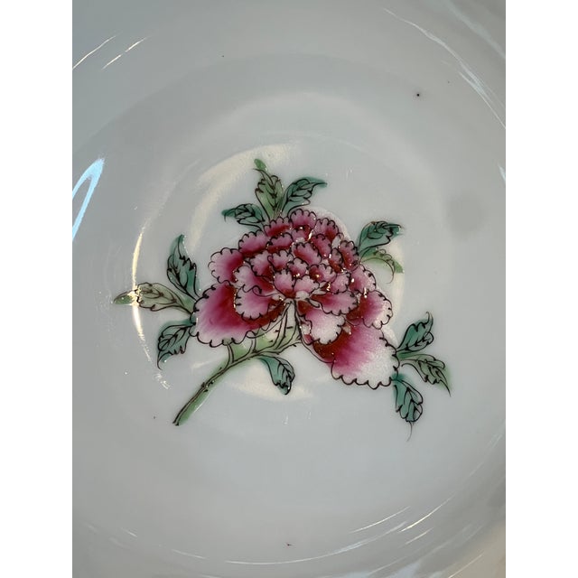 Wood Late 20th Century Vintage Famille Rose Chinese Porcelain Bowl With Peonies and Butterflies on Hand-Carved Stand For Sale - Image 7 of 13