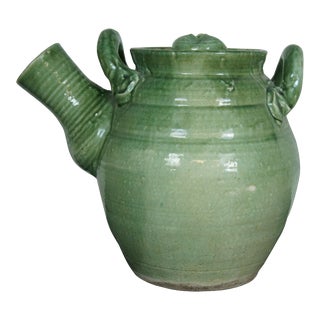 Mid 20th Century Japanese Shigaraki Green Glaze Earthenware Pottery Teapot Water Pitcher Jug For Sale