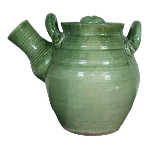 Mid 20th Century Japanese Shigaraki Green Glaze Earthenware Pottery Teapot Water Pitcher Jug