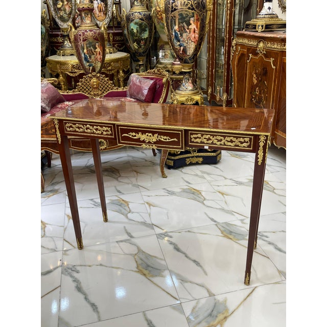 French French Style Console Table / Desk – Handcrafted Brown Finish With Gold Leaf For Sale - Image 3 of 9