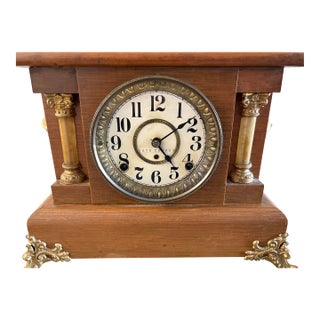 Antique Seth Thomas Adamantine Mantel Clock Tiger Oak Columns Circa 1900 For Sale