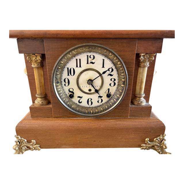 Antique Seth Thomas Adamantine Mantel Clock Tiger Oak Columns Circa 1900 For Sale
