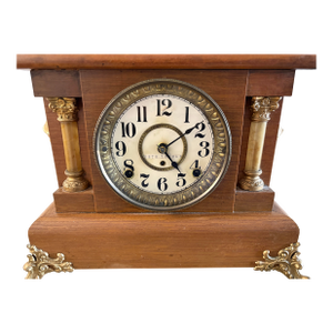 Antique Seth Thomas Adamantine Mantel Clock Tiger Oak Columns Circa 1900