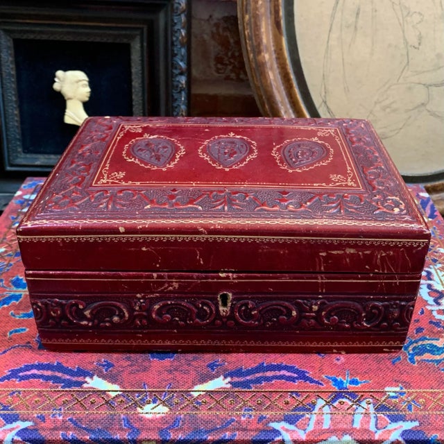 French Vintage Italian Hand Tooled Red Leather Jewelry Box For Sale - Image 3 of 9
