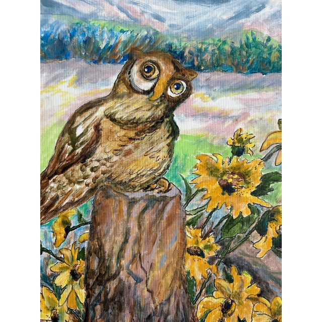 Vintage Impressionist Oil Painting of a Landscape With Owl For Sale - Image 4 of 6