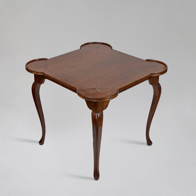 Brown Vintage Queen Anne Game Table With Inlay Star Corner Accents, Italy For Sale - Image 8 of 12