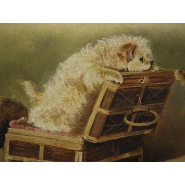 Charming oil on board (signed MCH) depicting a trio of terrier puppies playing! Art: 17 3/4" x 9" Frame: 19 3/4" x 11"