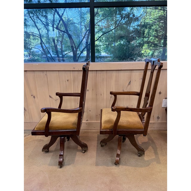 Queen Anne Pair of Antique English Cherry Queen Anne Style Swivel Desk Chairs With Casters For Sale - Image 3 of 9
