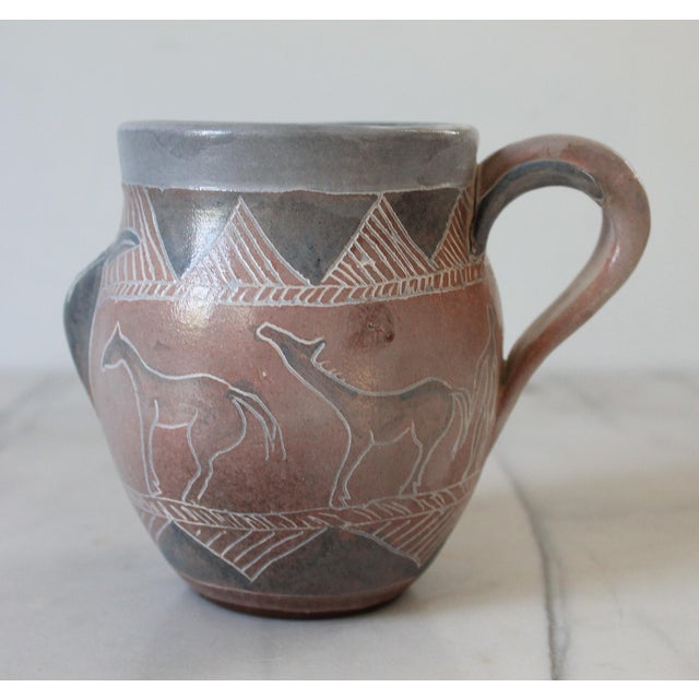 Figurative Vintage Southwestern Native American Pottery Coffee Mug W/ Horses, People & Sea Turtle For Sale - Image 3 of 7