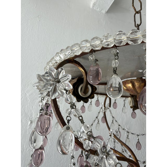 French Beaded Lavender and Clear Drops Flush Mount Chandelier For Sale - Image 6 of 8