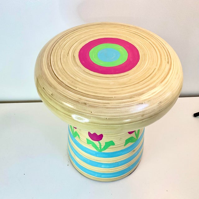 Cerise Vintage Boho Chic Bamboo Mushroom Garden Stool-Drinks Table - Hand Painted, Signed Jen Lee. For Sale - Image 8 of 10