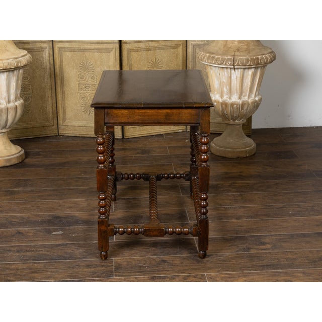 English 19th Century Oak Bobbin Leg Table with Single Drawer and Cross Stretcher For Sale - Image 9 of 12