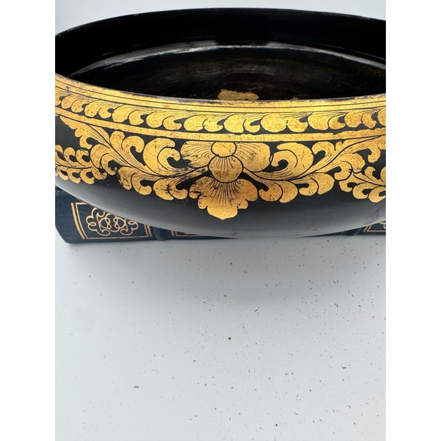 Black Vintage Burmese Black Lacquer Bowl With Gilt Chinthe Motif For Sale - Image 8 of 9
