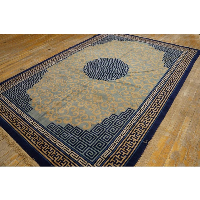 Chinese 1960s Sky Blue Medallion Greek Key Vintage Chinese Peking Rug 6'8" X 9'6" Knotted Wool Carpet For Sale - Image 3 of 9