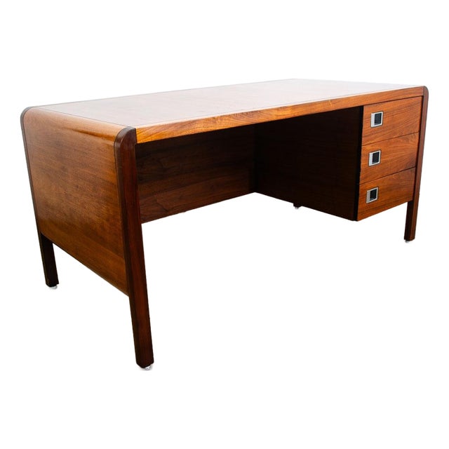 1960s Mid Century Modern Desk Solid Walnut Executive Office 3 Drawer Floating Chrome For Sale