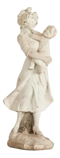 Weathered Cast Stone Woman with Child Garden Statue, 1940s