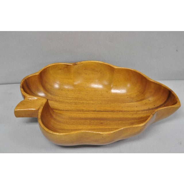 Vintage Mid Century Modern Monkey Pod Carved Koa Wood Banana Leaf 16" Fruit Bowl For Sale - Image 16 of 16