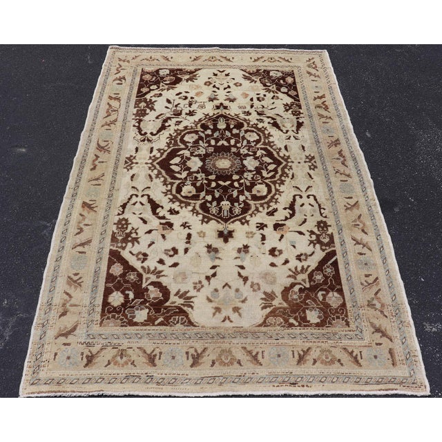 Tribal Vintage Oushak Rug With Intricate Medallion in Brown and Ivory 4'8 X 7'2 For Sale - Image 3 of 14