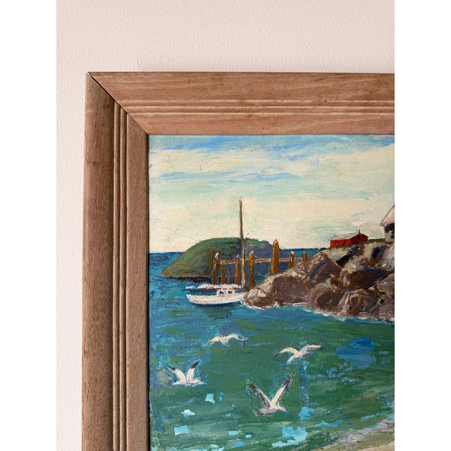 Wood Vintage Impressionist Coastal Harbor Oil Painting on Canvas - Framed For Sale - Image 7 of 18