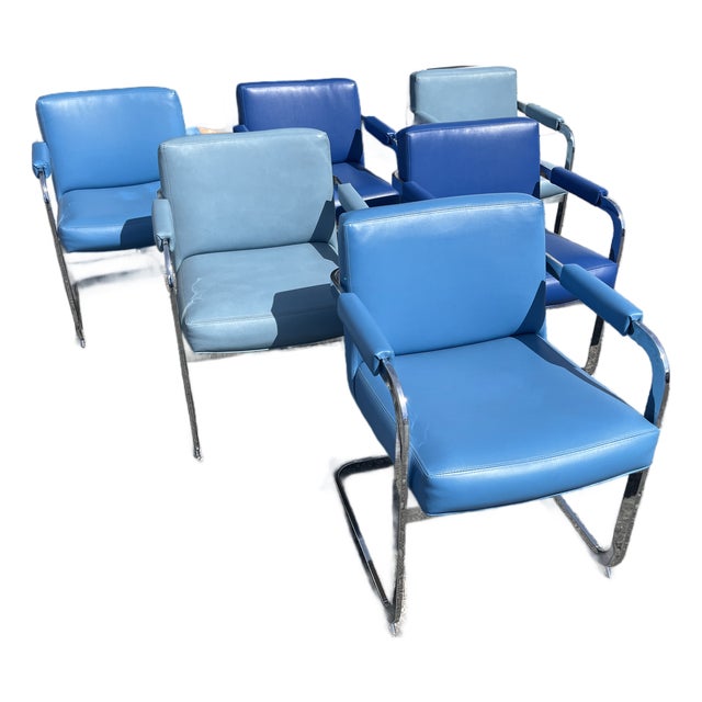 1970s Set of Mid-Century Modern Deep Blue Milo Baughman Thayer Coggin Cantilever Dining Chairs For Sale