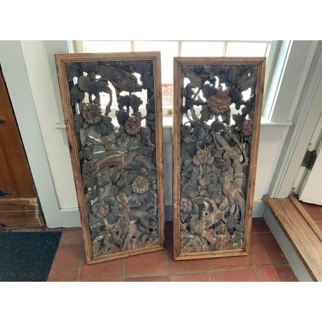 Chinese 19th Century Antique Chinese Hanging Carved Wood Panels—A Pair For Sale - Image 3 of 9