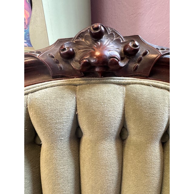 1900 - 1909 Antique Victorian Parlor Chair With Olive Green Upholstery For Sale - Image 5 of 9