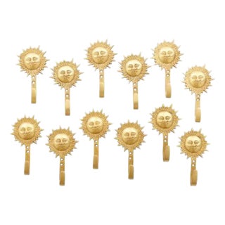 Bohemian Sun Brass Wall Hooks - Set of 12 For Sale