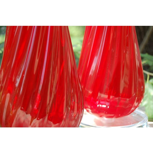 Ruby Red Vintage Murano Glass Ribbed Table Lamps in Ruby Red - a Pair For Sale - Image 8 of 9