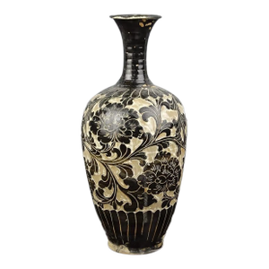 Vintage Chinese Porcelain Song Cizhou Kiln Porcelain Vase Hand Carved Flowers Pattern | Cizhou Ware Ceramic Bottle