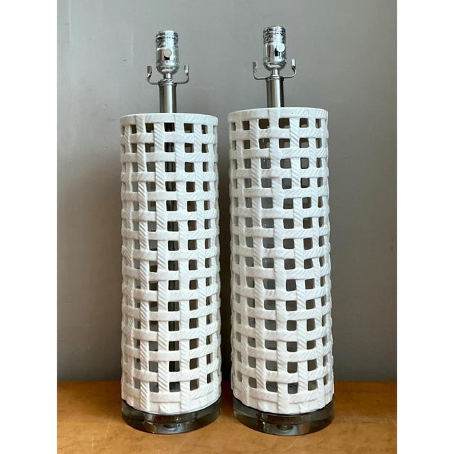 White Vintage Lattice Ceramic and Chrome Lamps - Pair For Sale - Image 8 of 12