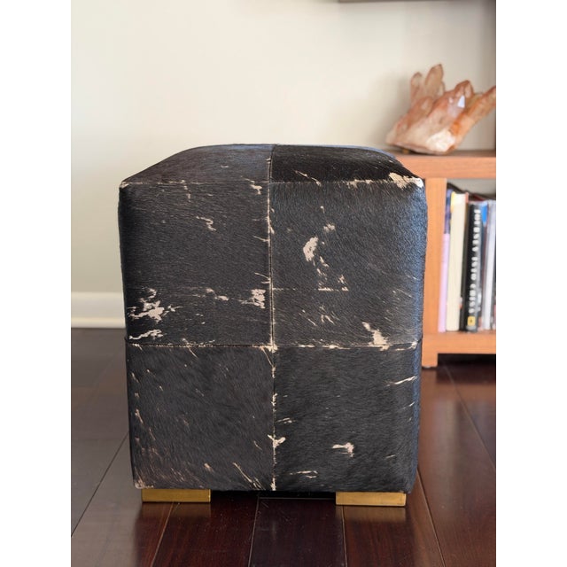 Contemporary Made Goods Essex Stool in Midnight Hair-on-Hide Patchwork Leather Cube Ottoman Modern Organic Accent Stool For Sale - Image 3 of 12