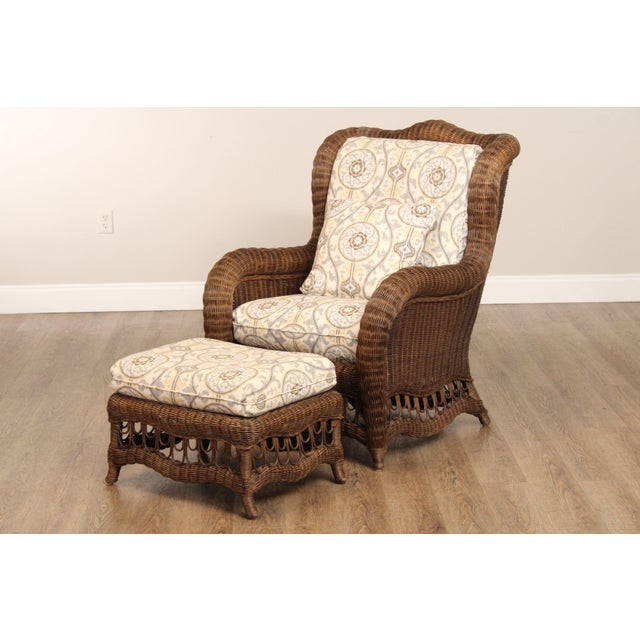 High Quality Woven Wicker Lounge Chair and Ottoman with Custom Upholstered Cushions, By Ethan Allen (Not Labeled)