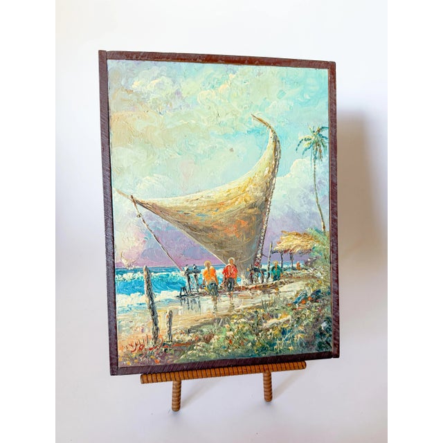 Mid 20th Century "Jangadas" Mid Century Modern Framed Acrylic Painting on Canvas, by S. Aguilar Navarro For Sale - Image 5 of 9