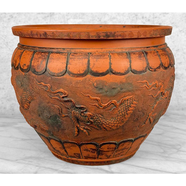 Antique 15" Japanese Red Clay Pottery Dragon Planter Pot Jardiniere For Sale - Image 6 of 12