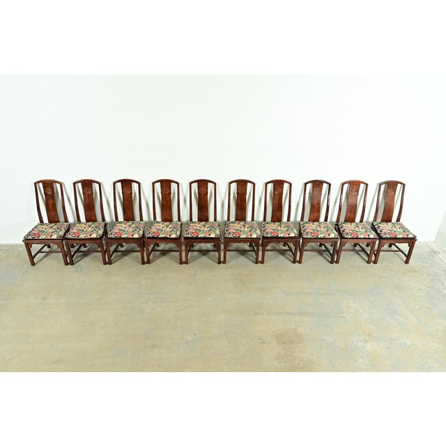 1970s Henredon Hollywood Regency Chinoiserie Sculpted Mahogany Dining Chairs, Set of Ten For Sale - Image 5 of 17