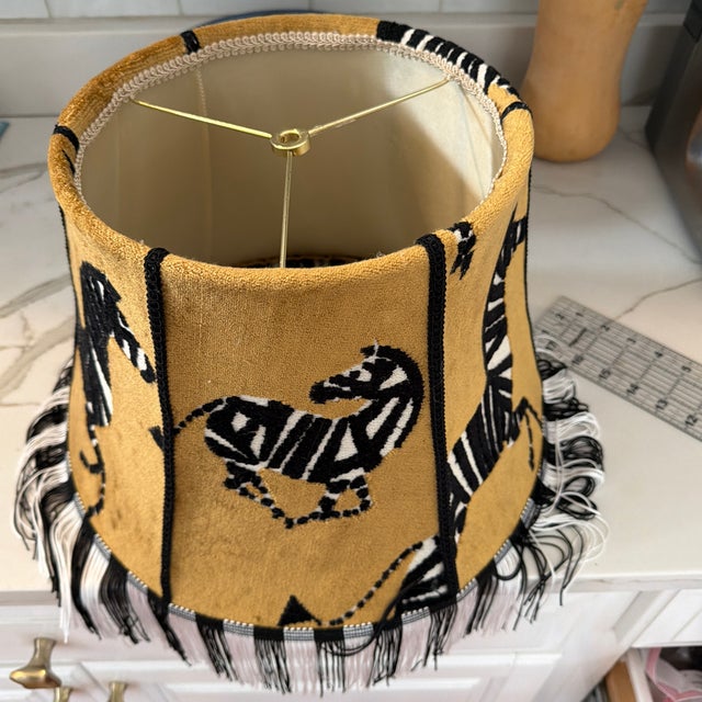 Mid-Century Modern Whimsical Vintage Zebra Lampshade With Fringe – Spider Fitter For Sale - Image 3 of 4