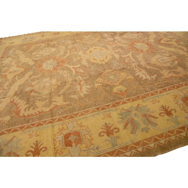 Modern Designed Turkish Oushak Handmade Brown Wool Rug With Floral Motif For Sale In New York - Image 6 of 7