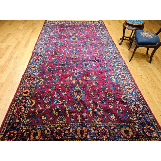 Vintage Persian Manchester Kashan Gallery Rug, Hand-Knotted Wool, Geometric Pattern, 6x12, Crimson Red & Blue For Sale - Image 9 of 18